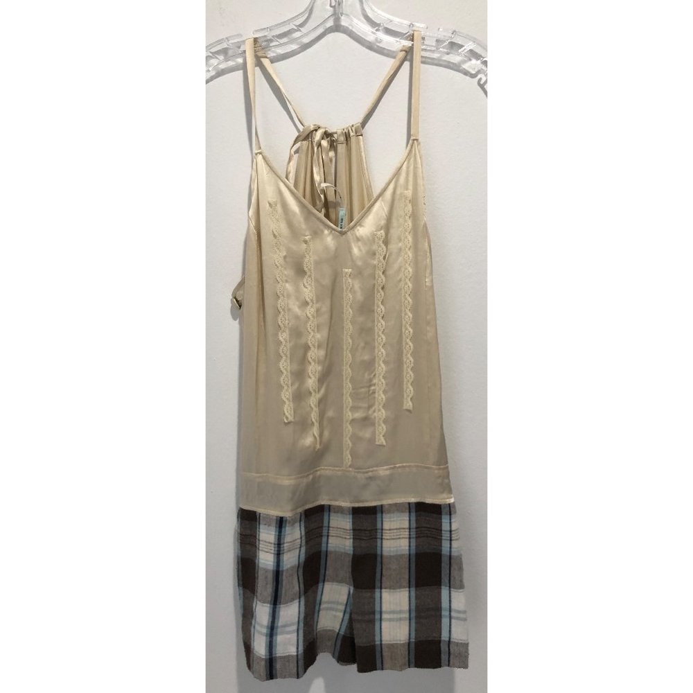 UO's Kimchi Blue Silk & Plaid Romper with Lace